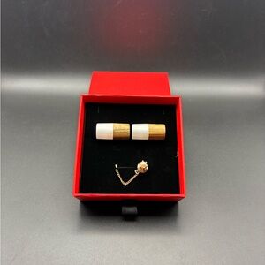 Vintage Wood White Inlay Cufflinks Pearl Tie Tack Gold Tone Mens Dress Set